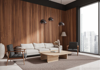 Wall Mural - Modern living room with wooden wall and cozy furniture. 3D Rendering