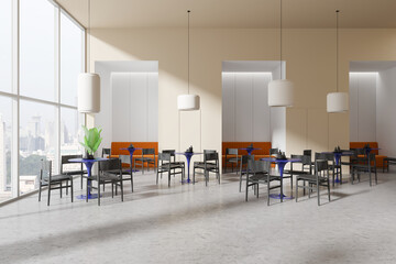 Sticker - Stylish restaurant interior with chairs and tables in row, panoramic window