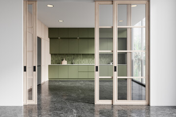 Wall Mural - Modern kitchen interior with green cabinets and sliding glass doors. 3D Rendering