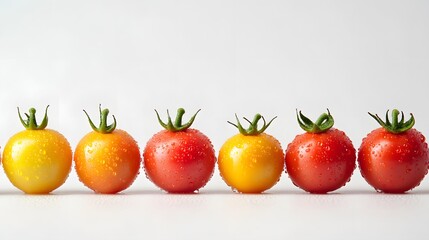 Wall Mural - A row of five tomatoes, three red and two yellow, are sitting on a table