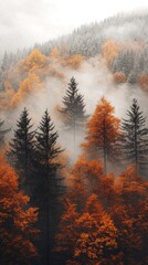 Poster - Vibrant orange trees rise amidst thick mist, creating a tranquil mood in the early morning mountains, inviting exploration and reflection