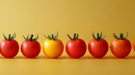 A row of five tomatoes, three red and two yellow, are sitting on a table