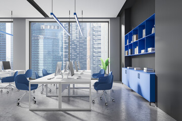 Wall Mural - Modern office space with blue furniture and city view. 3D Rendering