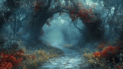 Aufkleber - A winding pathway through a mystical forest, surrounded by vibrant flora and shrouded in gentle mist, inviting exploration into its magical depths