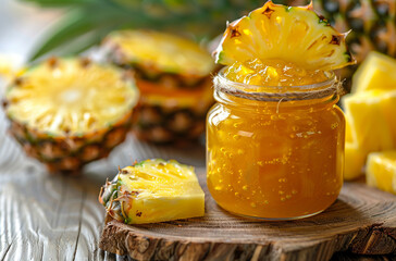 Pineapple jam in a jar with a slice of pineapple on a white wooden table