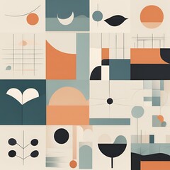 Poster - A modern abstract design with geometric shapes in soft tones of teal, orange, and beige. The composition features minimalist forms, including circles, lines, and organic elements, creating a balanced 