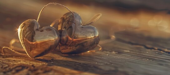 gold heart shape necklace on wood table close up shot bokeh sunlight and copy space.