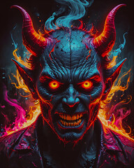 Portrait of a scary devil with horns on a black background.