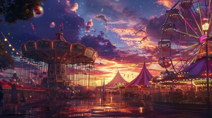 Wall Mural - Illustrated dusk carnival scene with a vibrant atmosphere. Circus tent, rides, colorful sky, and people create a lively fair ambiance.