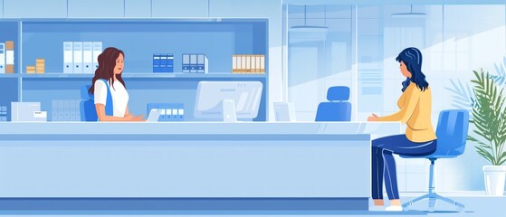 Wall Mural - An image of a medical office with a receptionist working on a computer, while another woman in conversation. Bright colors, books, and healthcare items create a welcoming atmosphere.