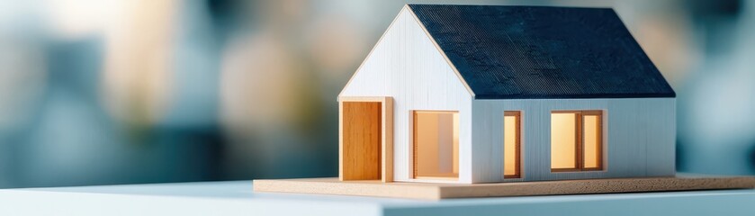 A miniature house model showcasing modern architecture with bright lighting, perfect for real estate and home improvement themes.