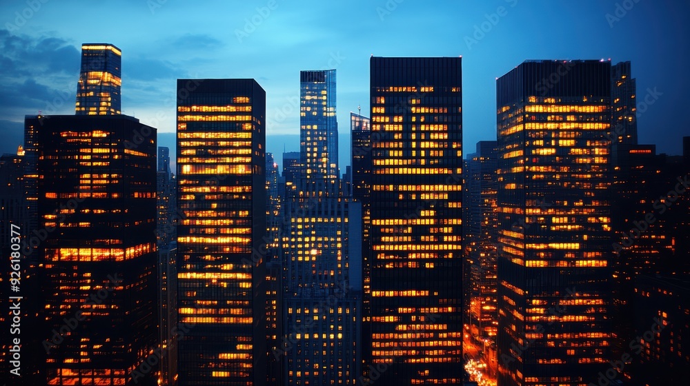 Nighttime city skyline viewed through large windows, with buildings ...