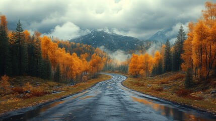 Poster - A serene road curves through brilliant orange trees beneath a dramatic sky showcasing the beauty of autumn in the mountains