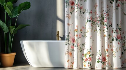 Wall Mural - Floral Shower Curtain Draped Over a White Bathtub in a Modern Bathroom with a Green Plant in a Pot