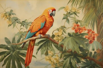 Sticker - Vintage painting of parrot animal plant bird.