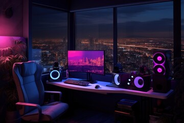 Canvas Print - Gamer girl apartment room furniture computer table.