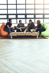 Poster - Office, paperwork and business people on sofa for planning, discussion and feedback for startup progress. Creative agency, employees and collaboration in meeting, teamwork and cooperation for goal