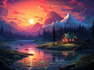 Wall Mural - Luxurious A colorful painting of a cabin in the woods with a colorful sky behind it