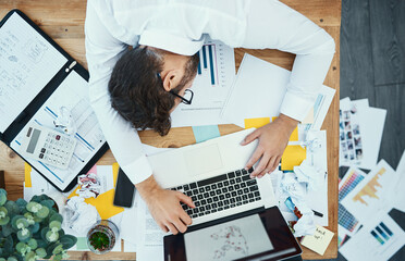 Poster - business man, laptop and sleeping with above, documents and exhausted with mess at insurance agency.