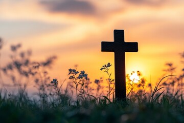 Silhouette christian cross on grass in sunrise background , ai