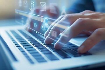 Poster - Man hands are typing on a laptop keyboard, with futuristic digital graphics of icons floating above the computer screen.