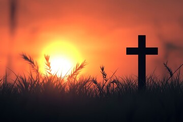 Silhouette christian cross on grass in sunrise background , ai