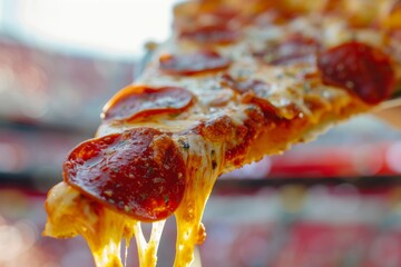 Wall Mural - Close-Up of Pizza Slice with Blurred Football Stadium Background