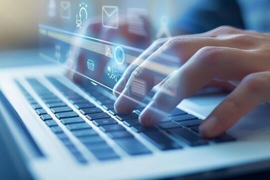 Man hands are typing on a laptop keyboard, with futuristic digital graphics of icons floating above the computer screen.