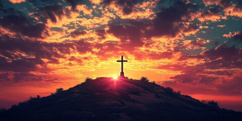 Silhouette of Cristian cross wood on top of hill at sunset , ai