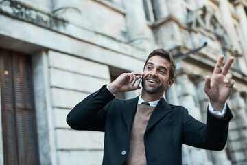 Canvas Print - Business, man and stop taxi in phone call with smile for conversation and connection in New York as lawyer. Male person, employee and happiness in street with hailing cab for legal advice meeting