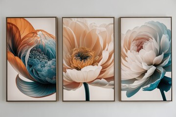 set of three abstract posters with floral art in gold frames colorful abstract floral painting, triptych, vibrant orange and blue petals, modern contemporary art, white background, elegant frames, dig