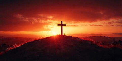 Silhouette of Cristian cross wood on top of hill at sunset , ai