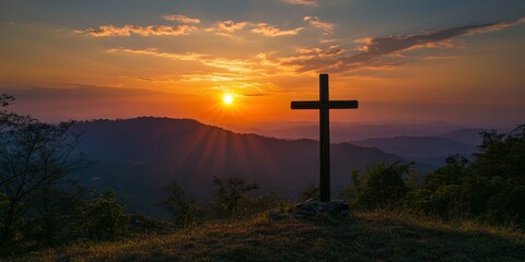 Silhouette of Cristian cross wood on top of hill at sunset , ai