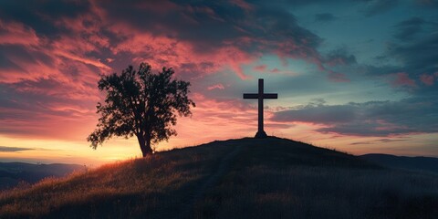 Silhouette of Cristian cross wood on top of hill at sunset , ai