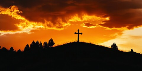 Silhouette of Cristian cross wood on top of hill at sunset , ai