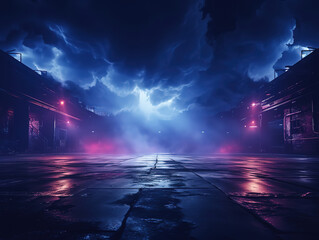 Wall Mural - Awesome Empty smoke garage interior with fog neon lights