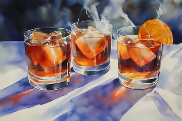 Wall Mural - Three Glasses of Whiskey with Ice and Orange Slice Watercolor Painting.