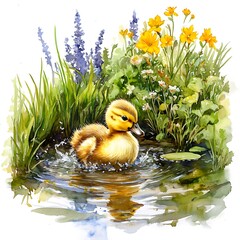 Wall Mural - Adorable Baby Duckling Swimming in a Pond Surrounded by Flowers.