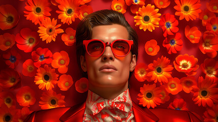 Wall Mural - modern pop art portrait of handsome man male in sunglasses blooming background full with flowers. co