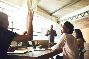 Aufkleber - People, raised hand and question in meeting at startup, office and ideas for strategy at small business. Woman, group and speaker in discussion for problem solving, solution and training at agency