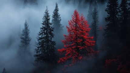 Wall Mural -  A red tree stands alone in the heart of the foggy forest, surrounded by trees in the foreground; the background shrouds in fog