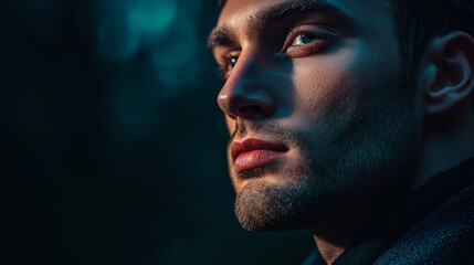 Canvas Print -  A man's face, expressing seriousness, is tightly framed against a dark forest backdrop