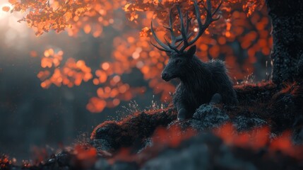 Wall Mural -  A deer atop a moss-covered hill overlooks a forest ablaze with red leaves One tree stands out, its foliage also crimson