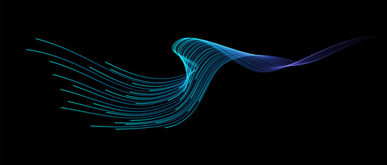 Poster - Vector abstract light lines wavy flowing dynamic in blue green colors isolated on black background for concept of AI technology, digital, communication, 5G, science, music