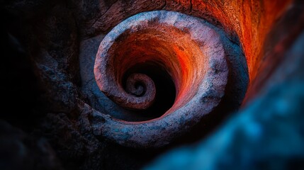 Wall Mural -  A tight shot of a stone edifice, displaying a spiral pattern on its flank, and a scarlet beacon at the terminus of the passage