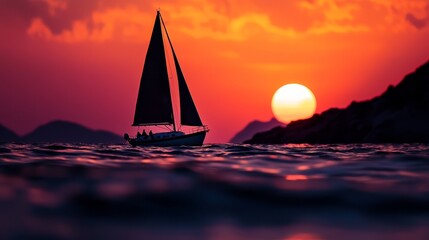 Wall Mural -  A sailboat on the ocean at sunset Sun overhead, casting golden reflection on water Mountains silhouetted against twilight sky in background