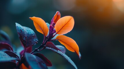 Wall Mural -  A tight shot of a purple-orange plant, leaves dotted with water droplets, backdrop softly blurred