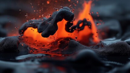 Wall Mural -  Close-up of black and orange fire with water droplets on top, against a black and white background