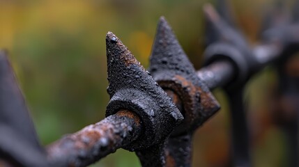  A tight shot of a weathered metal fence, with tree and bush-filled background softly blurred