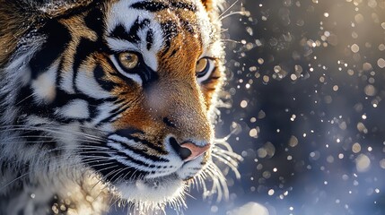  A tight shot of a tiger's face with snowflakes falling behind its ears